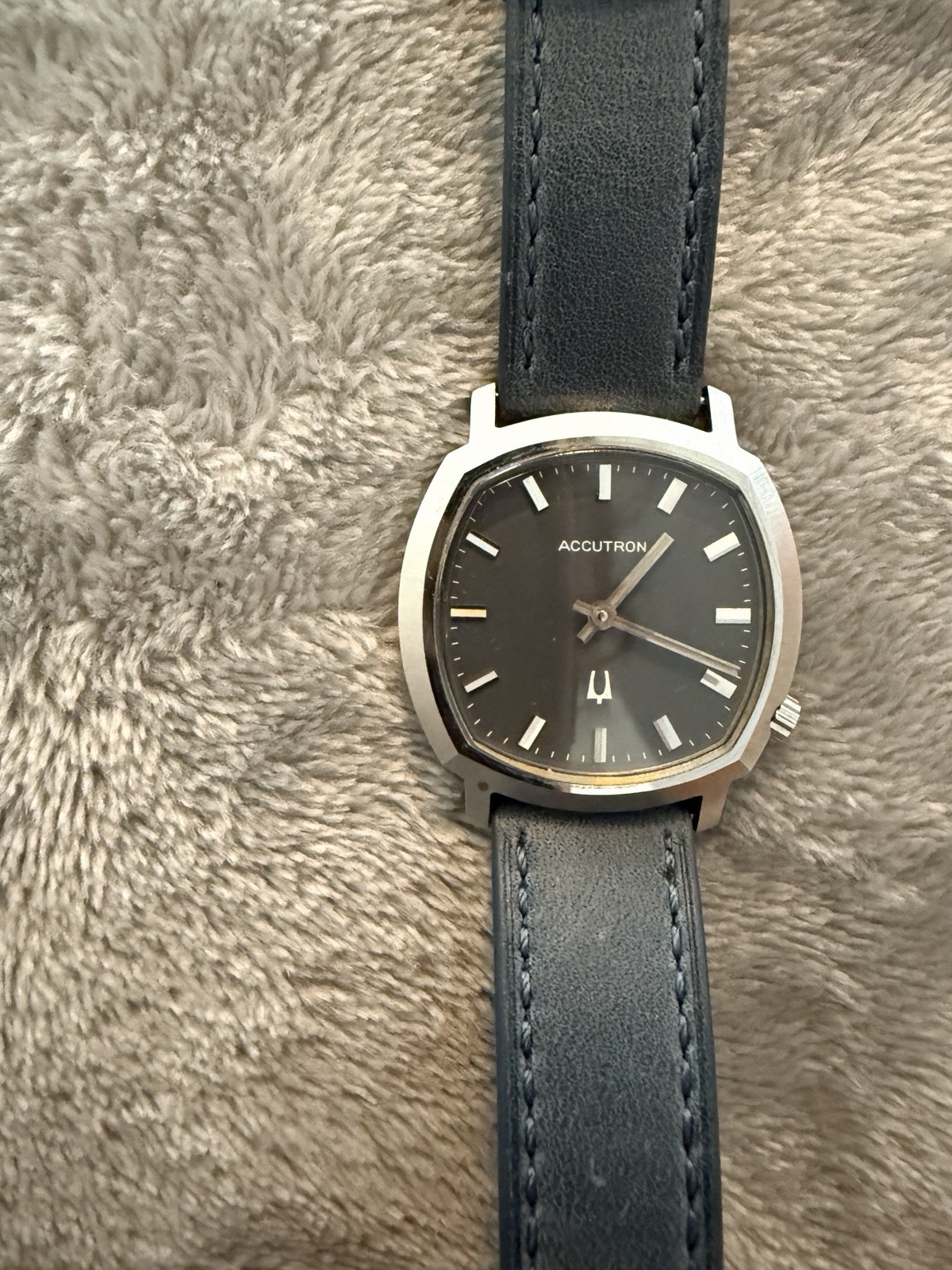 Bulova Accutron Black Dial Tonneau Quartz Stainless Case Black Leather Strap