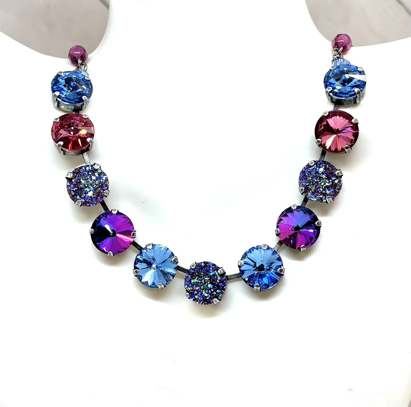 12mm Antique Silver Plated Ice Blue And Pink Druzy Cup Chain Statement Necklace