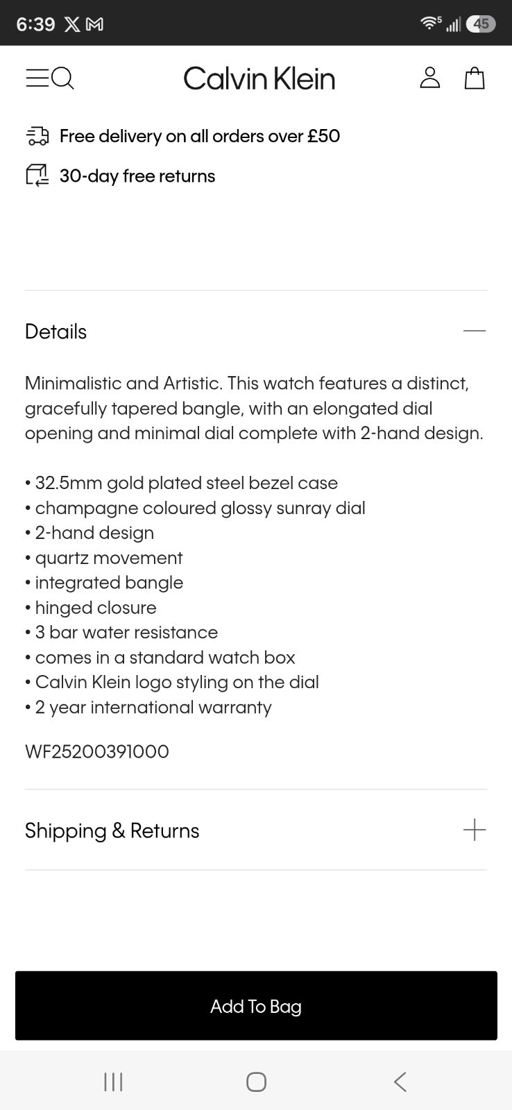 Calvin Klein Women’s Stainless Steel Tapered Bangle Watch 33mm