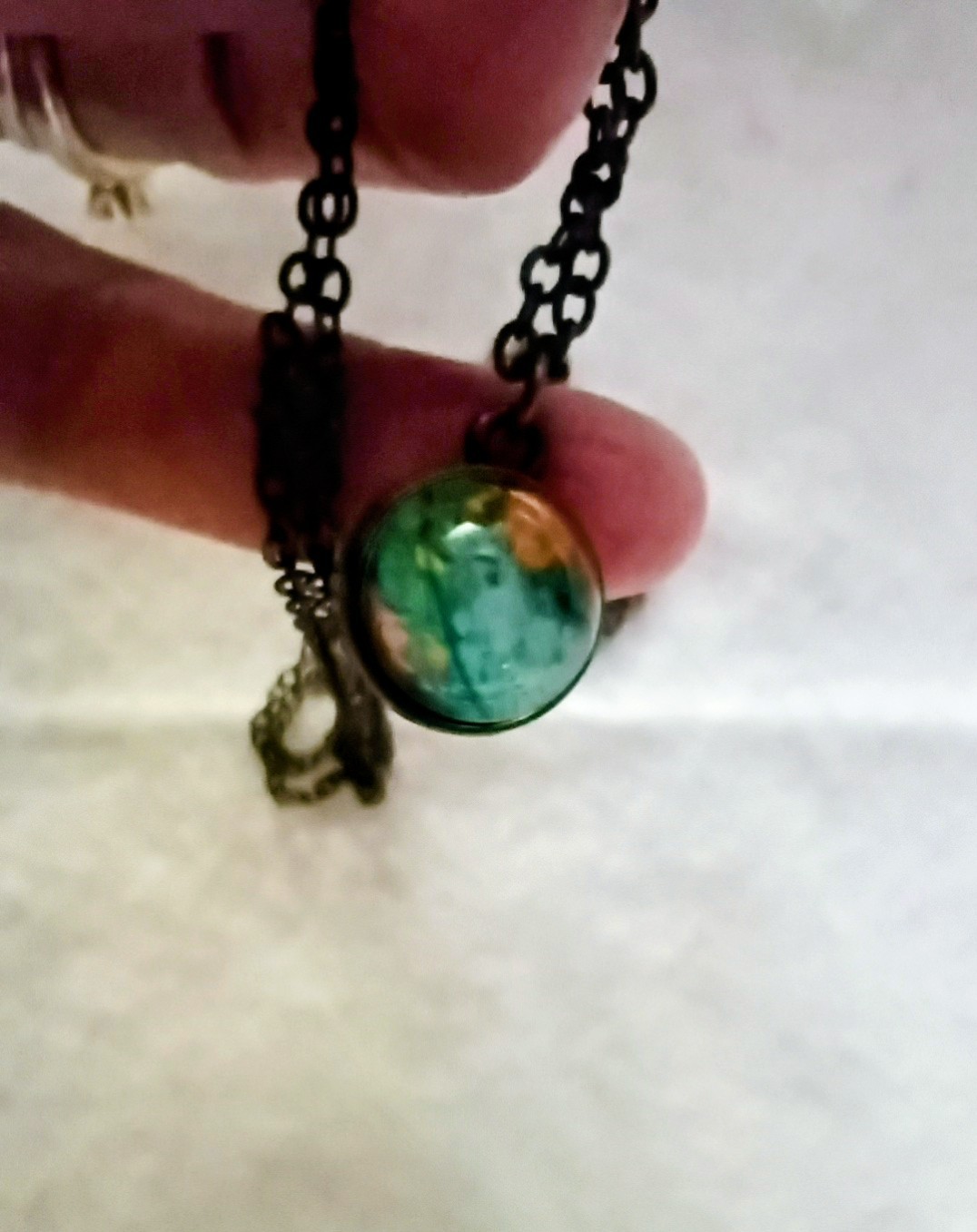 Bronze Tone Adjustable Cable Chain Necklace Green Round Glass Charm Pendant