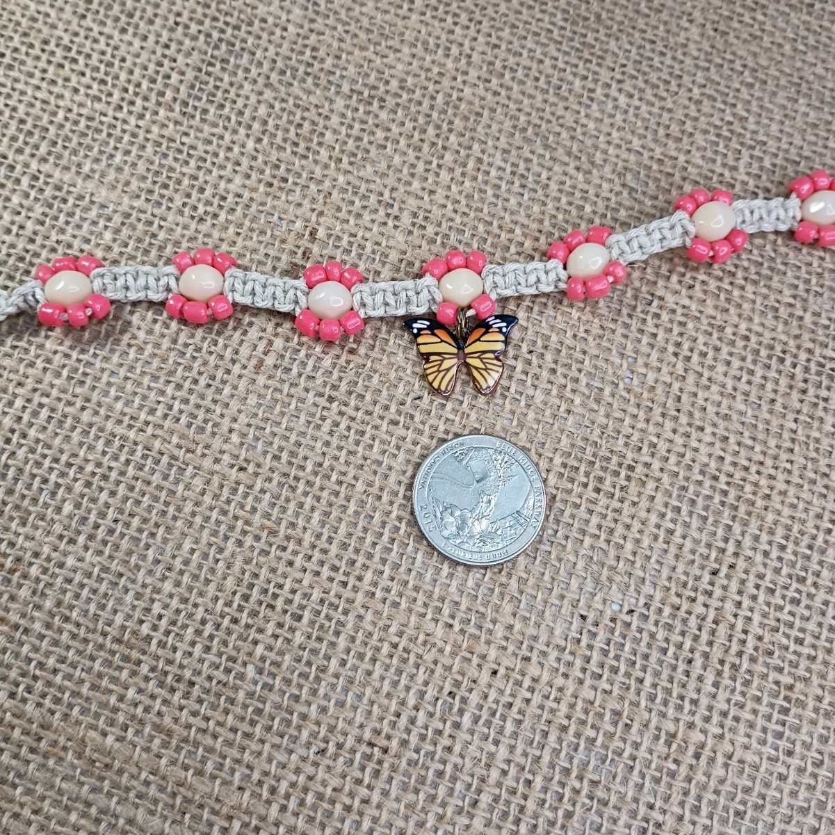 Natural Hemp Necklace w/ Butterfly Charm & Glass Beads, 17-22 inch Ready to Ship