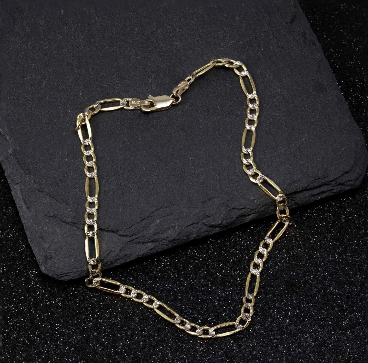 3.7mm Pave Figaro Chain Anklet with Lobster Lock Real 10K Yellow White Gold 10″