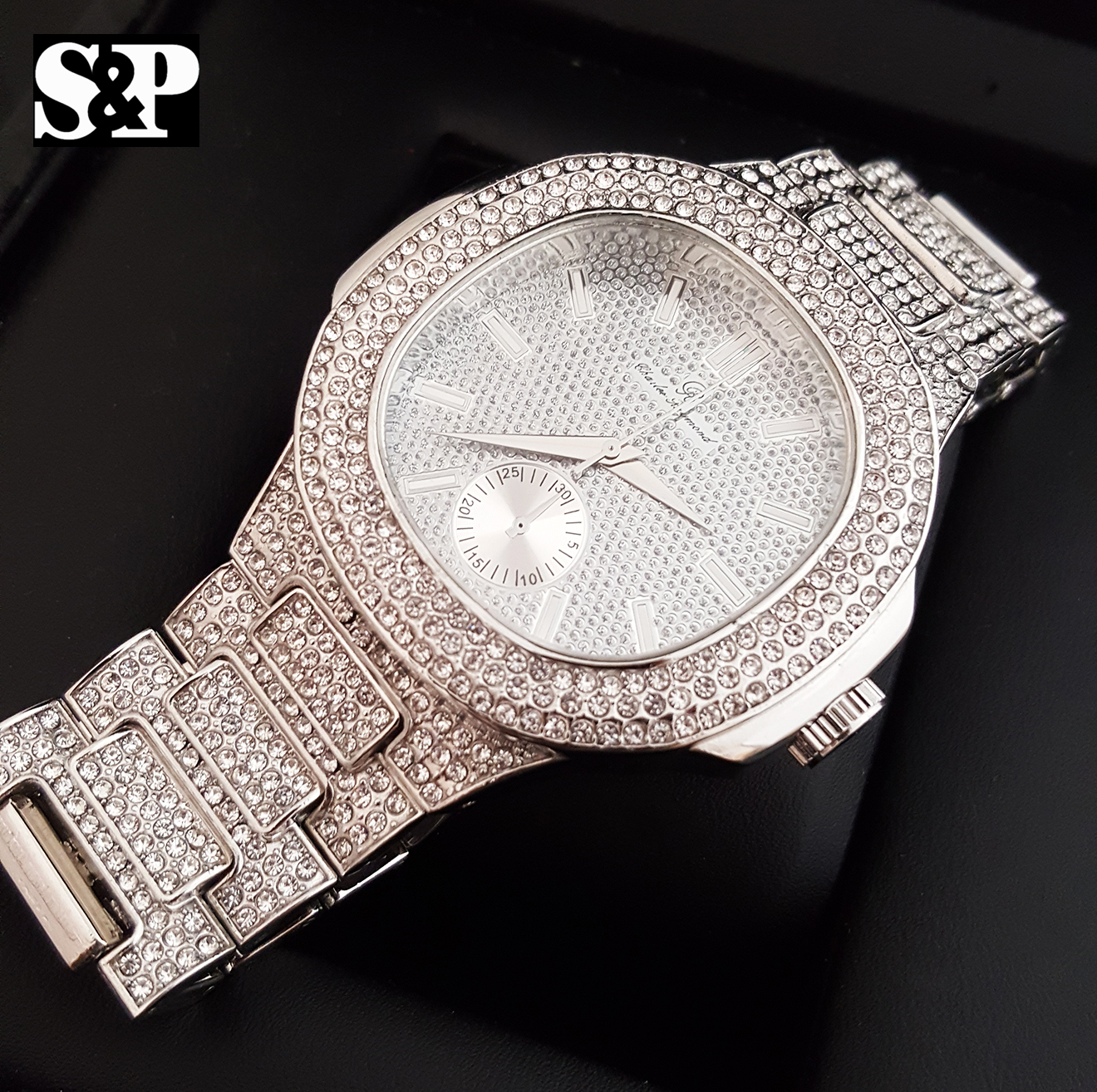 Men’s Luxury Urban Style Bling White Gold PT Simulated Diamond Bracelet Watch