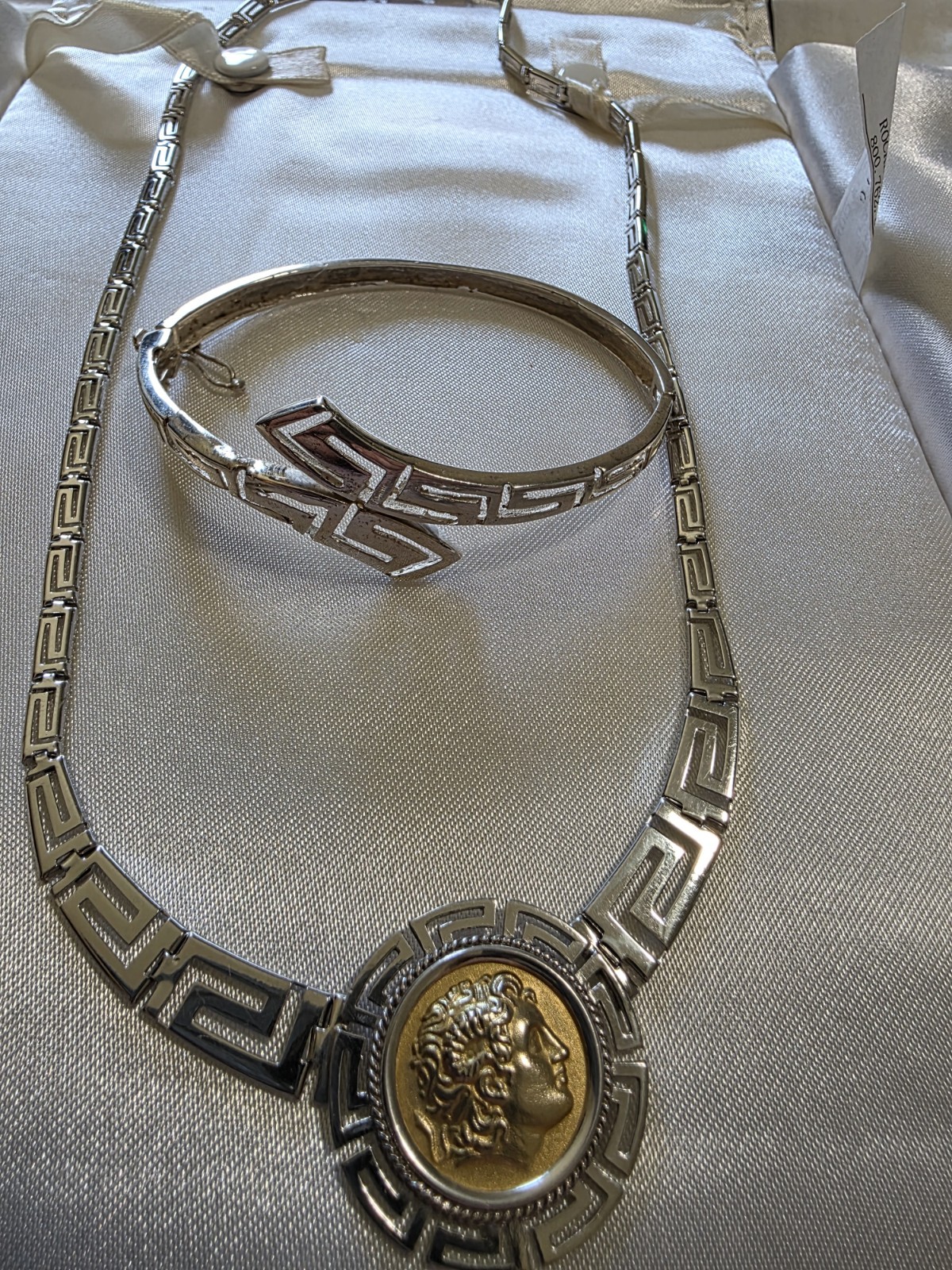 925 Sterling Silver Greek Key Necklace & Bracelet Set Gold-Tone Medallion