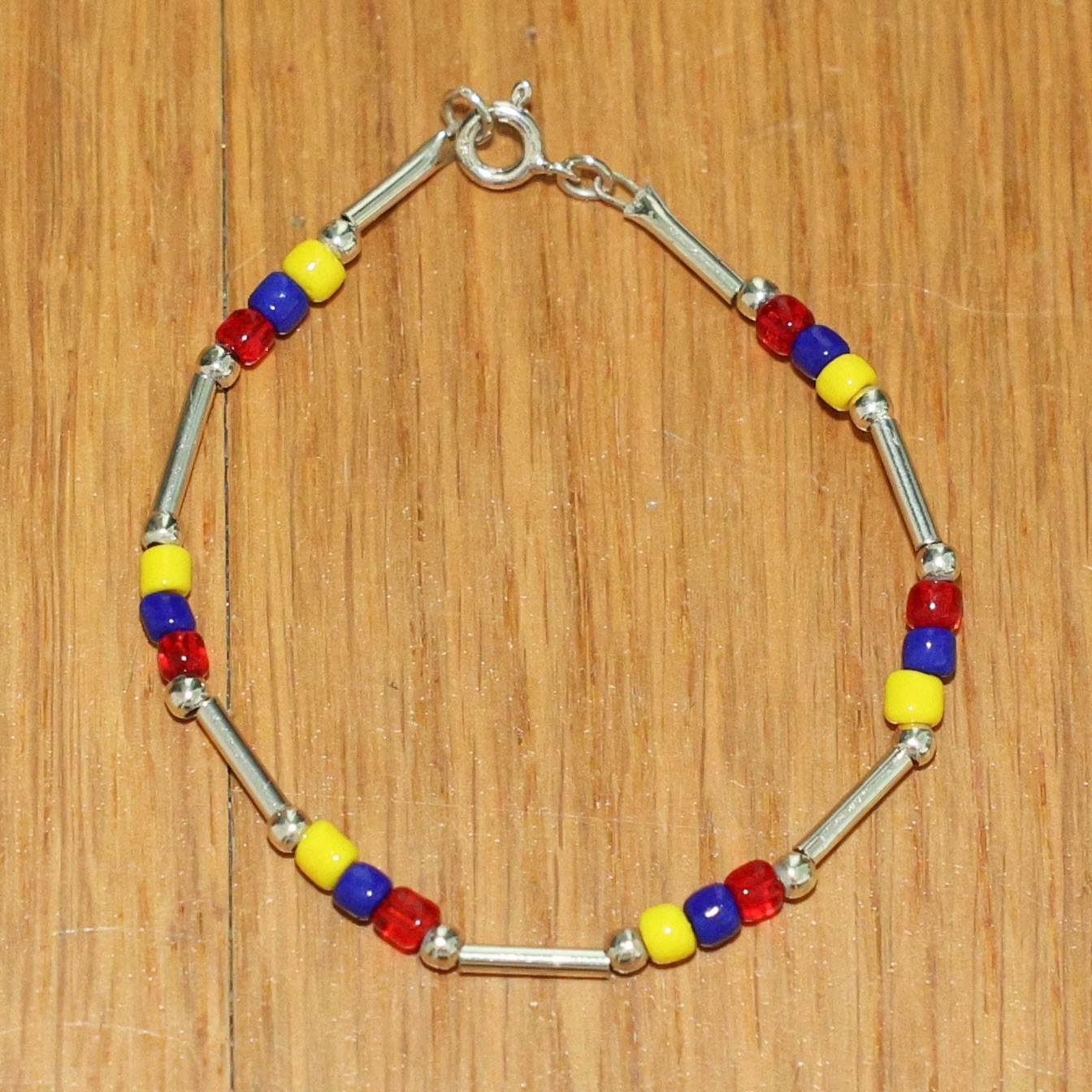 925 Sterling Silver 6.75″ Red/Blue/Yellow Beaded Venezuela Colombia Bracelet 🔥