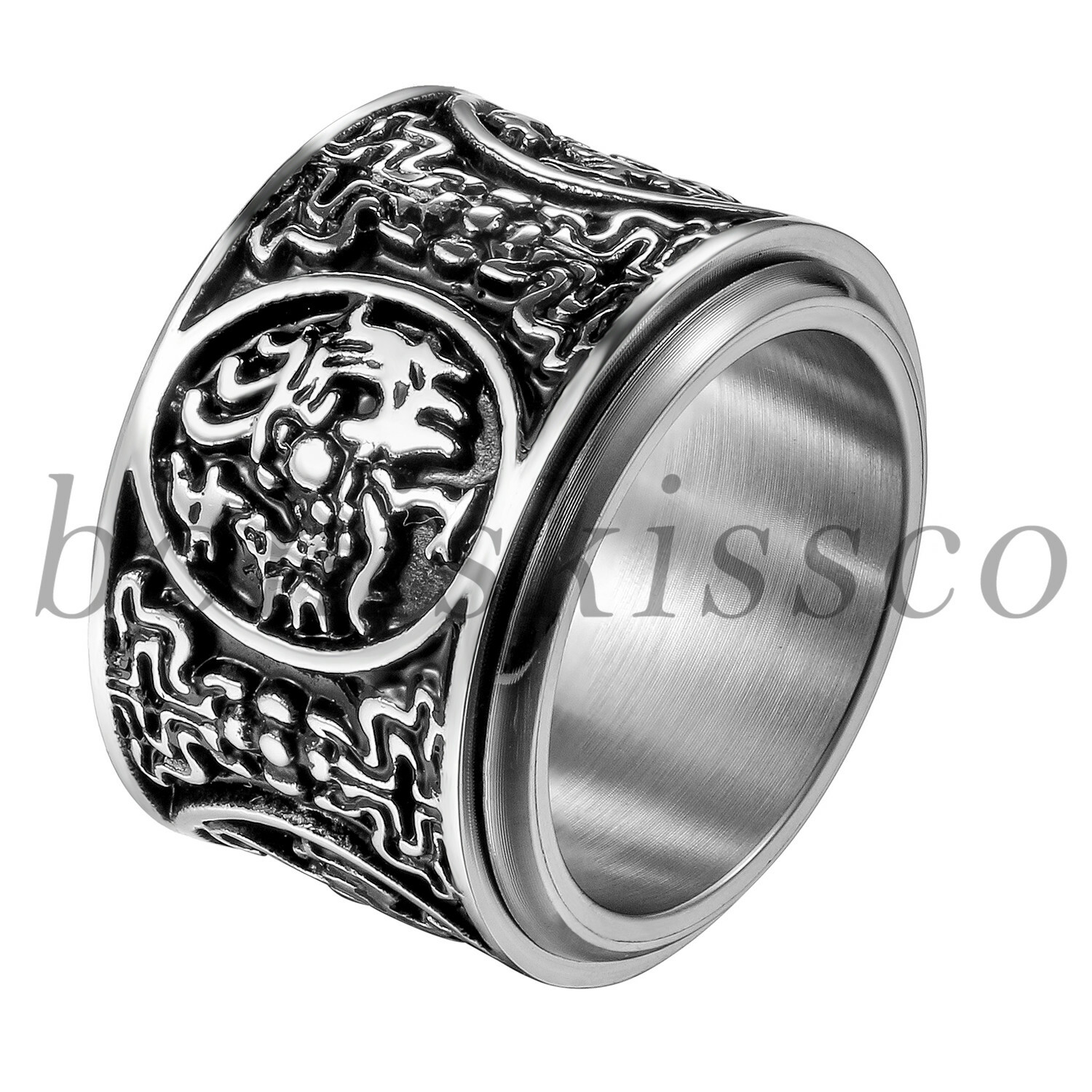 Men’s Retro Heavy Wide Guardian Beasts Stainless Steel Spinner Ring Lucky Band