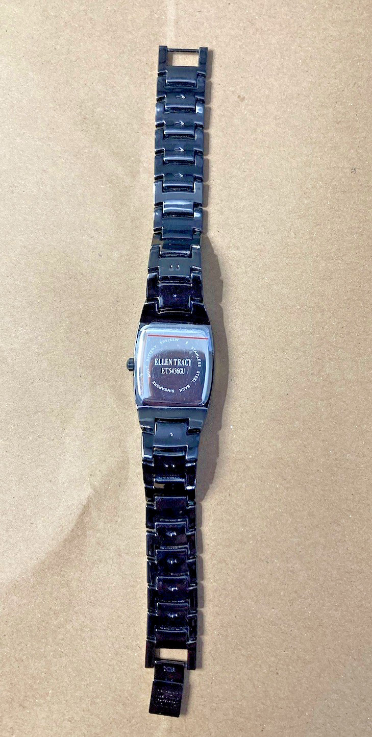 NWOB ELLEN TRACY 24mm Polished Black Tonneau Bezel Bracelet Watch ET5436GU