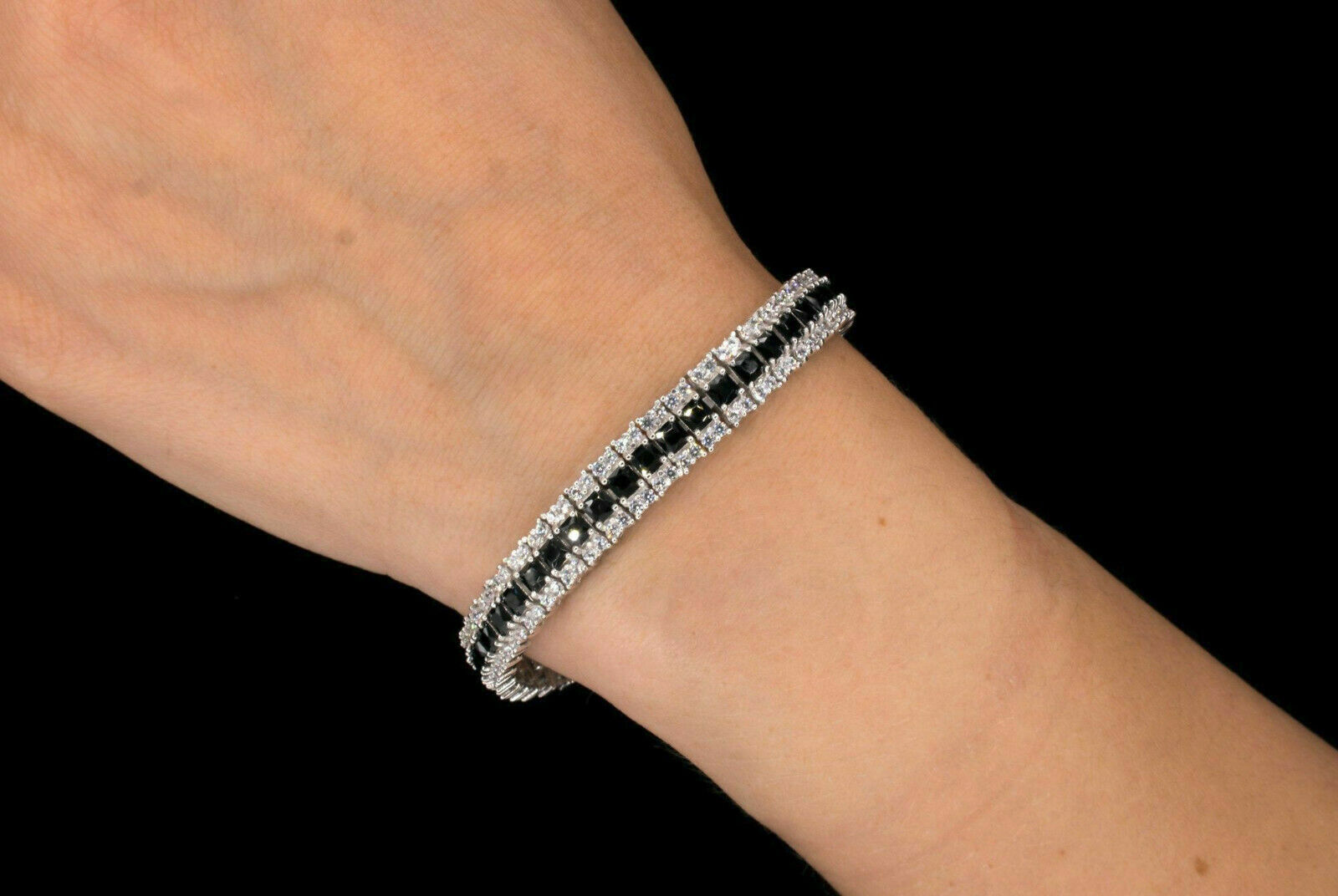 15TCW Princess Simulated Black & Round Diamond Bracelet 925 Sterling Silver