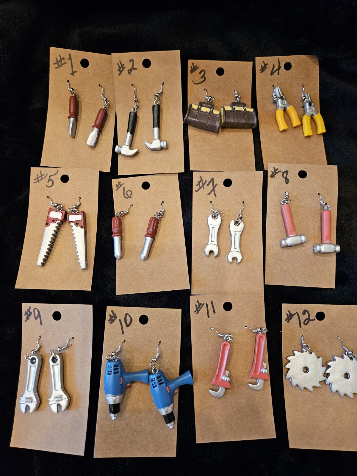 HAND TOOL EARRINGS Colorful, dangle hook, 12 diff. to choose from. ONE OF A KIND