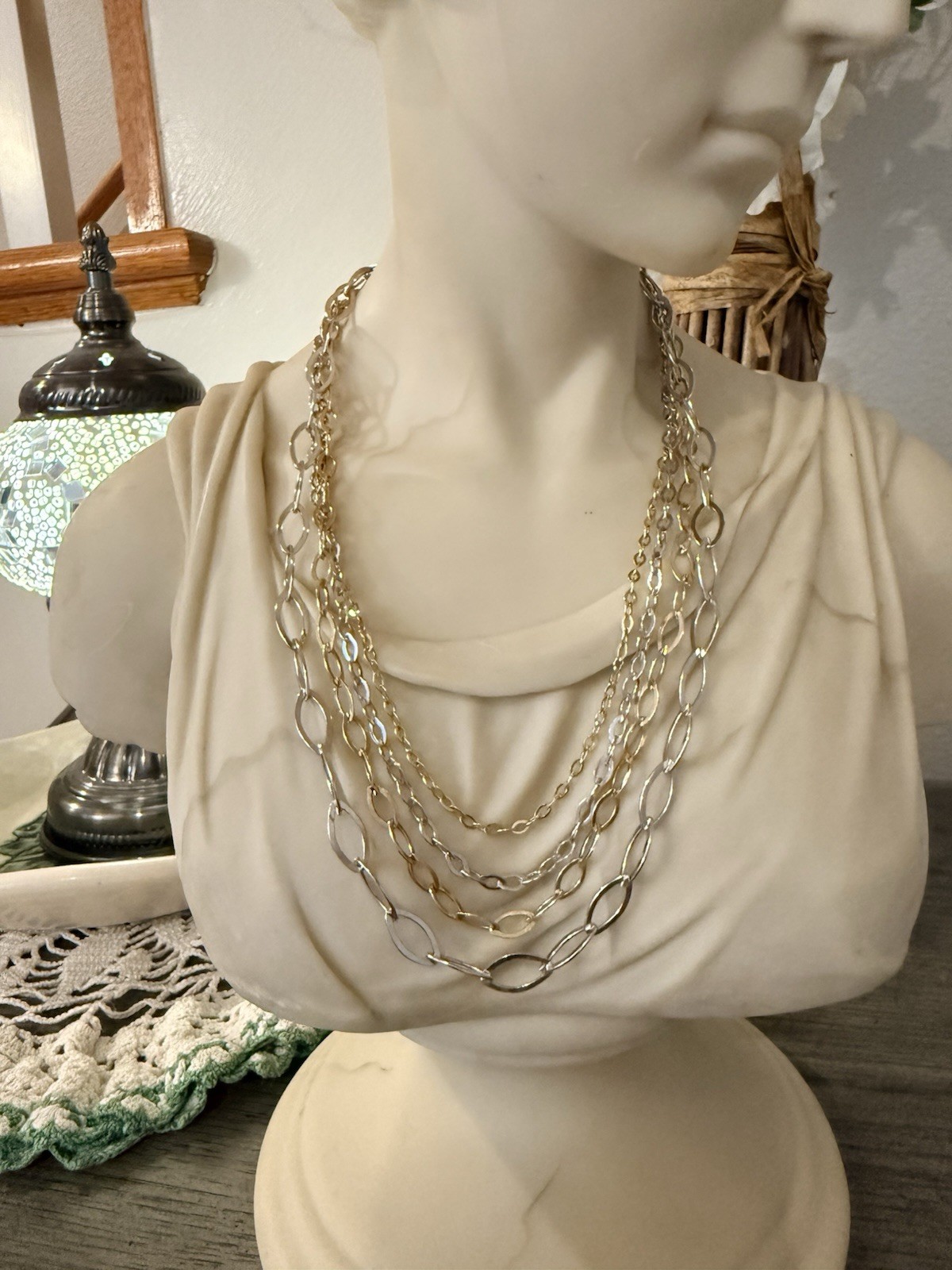 Gold & Silver Tone Layered Oval Link Chain Necklace Metal Box Closure