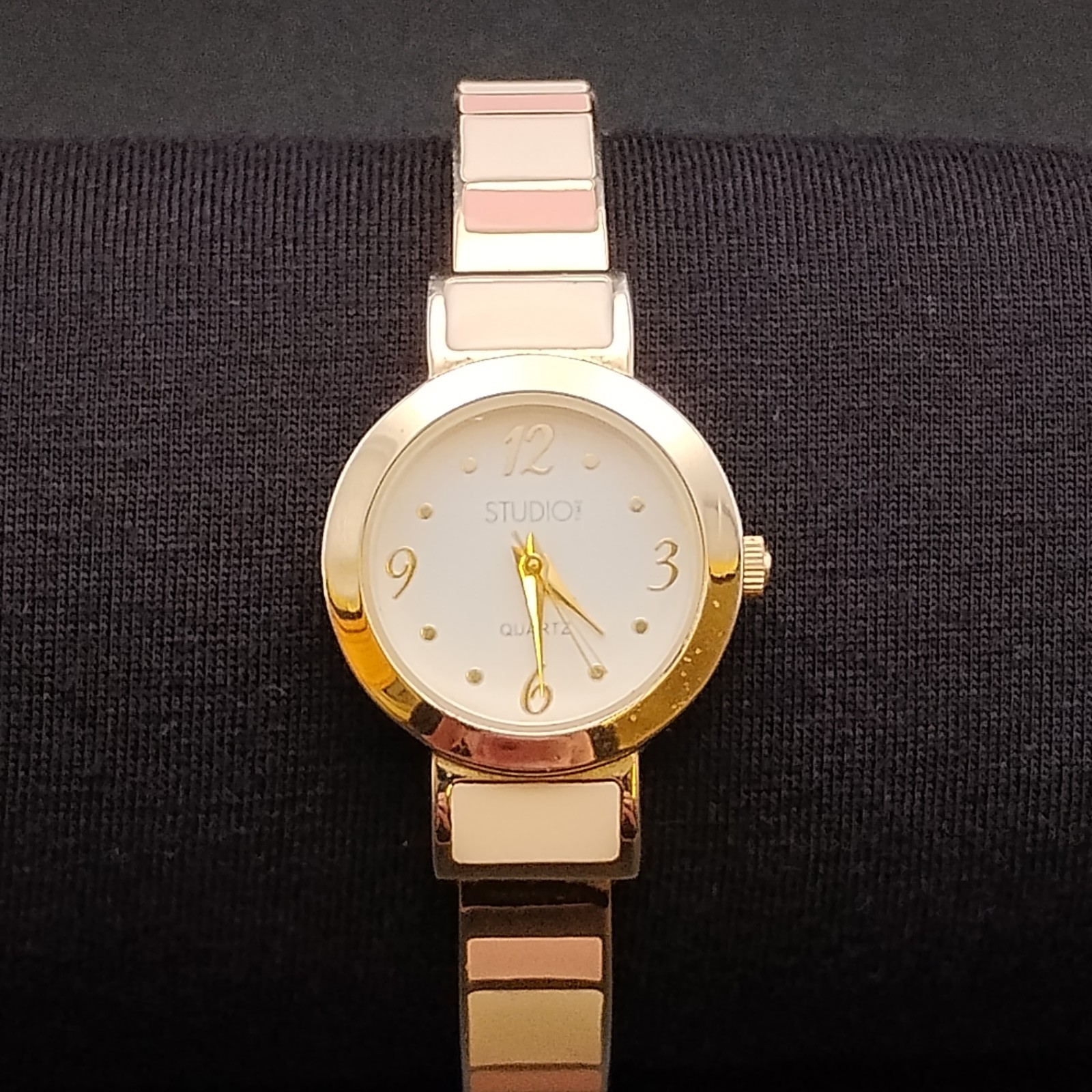 Studio Time Women’s Gold-Tone Quartz Bangle Cuff Watch Pink Cream Enamel