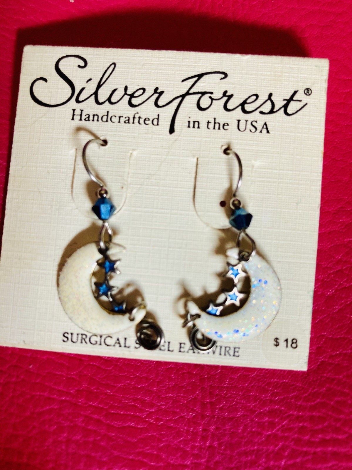 Silver Forest Sparkly Moon With Dangly Stars Earrings NOS