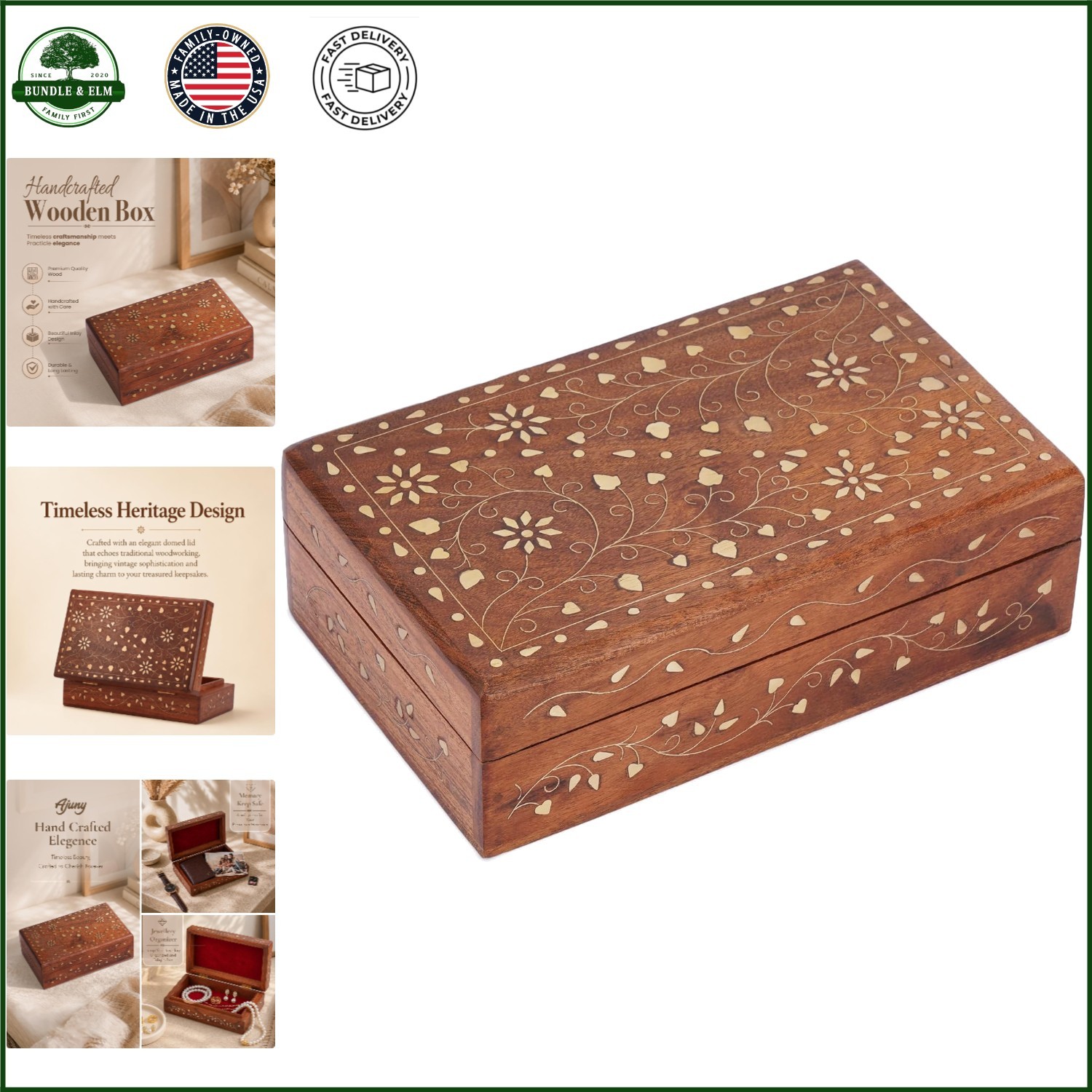 Beautifully Carved Jewelry Holder Box with Brass Inlay for Organizing Items