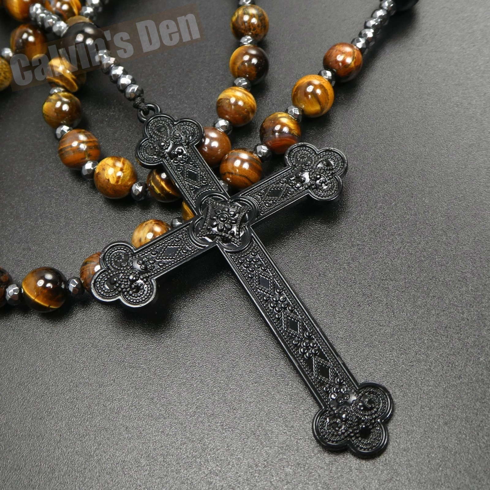 Tiger Eye Black Onyx Beads Gothic Punk Rock Cross Rosary Necklace Heavy Men Gift