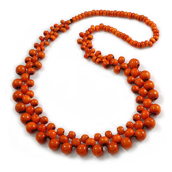 Long Orange Cluster Wood Beaded Necklace – 82cm Long
