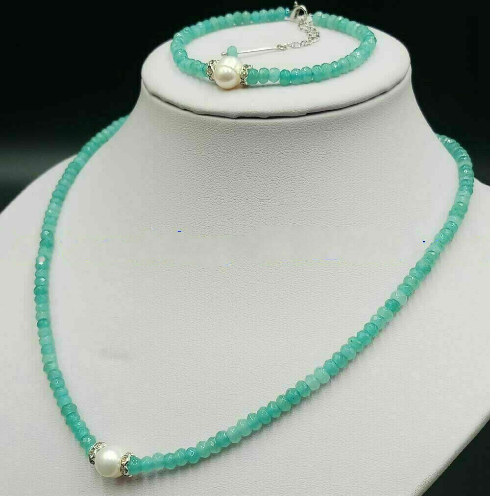 Natural 2x4mm Faceted Aquamarine & 9-10mm White Pearl Necklace Bracelet Set 18”