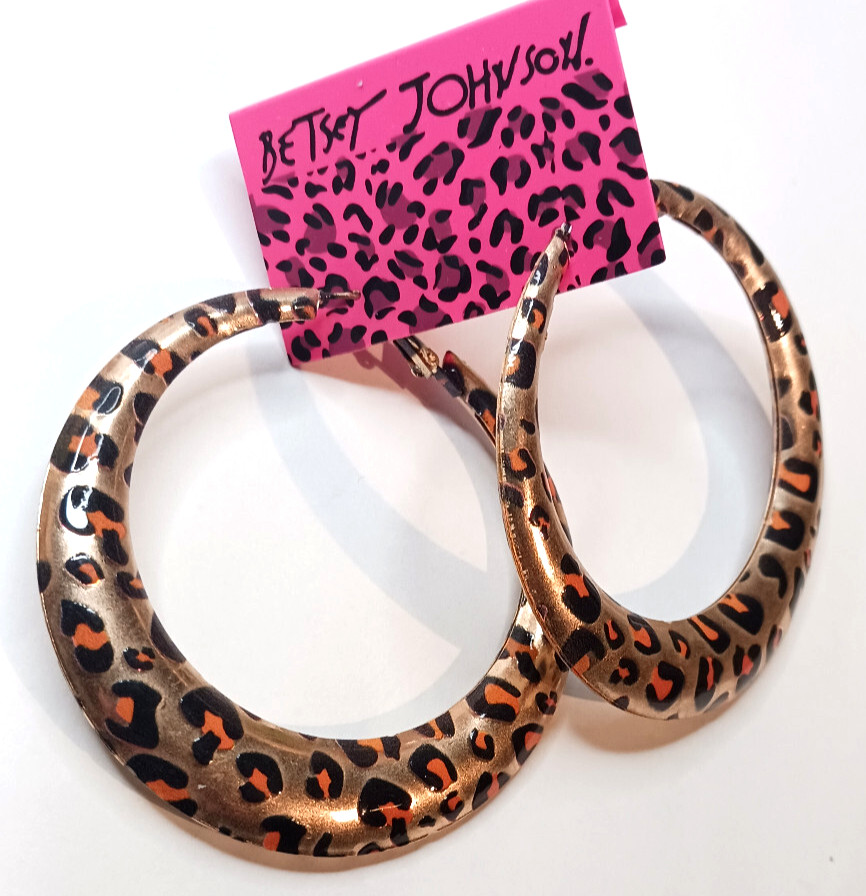 Big LEOPARD Animal Print HIP HOP Gold HOOP Leverback Betsey Johnson Earrings