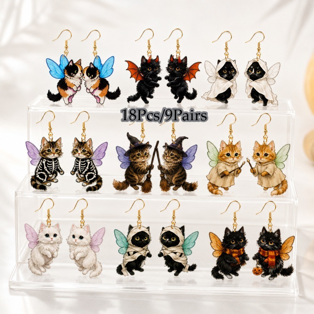 9 Pairs of Creative Winged Cat Acrylic Earrings,fun Cartoon Cat Acrylic Earrings