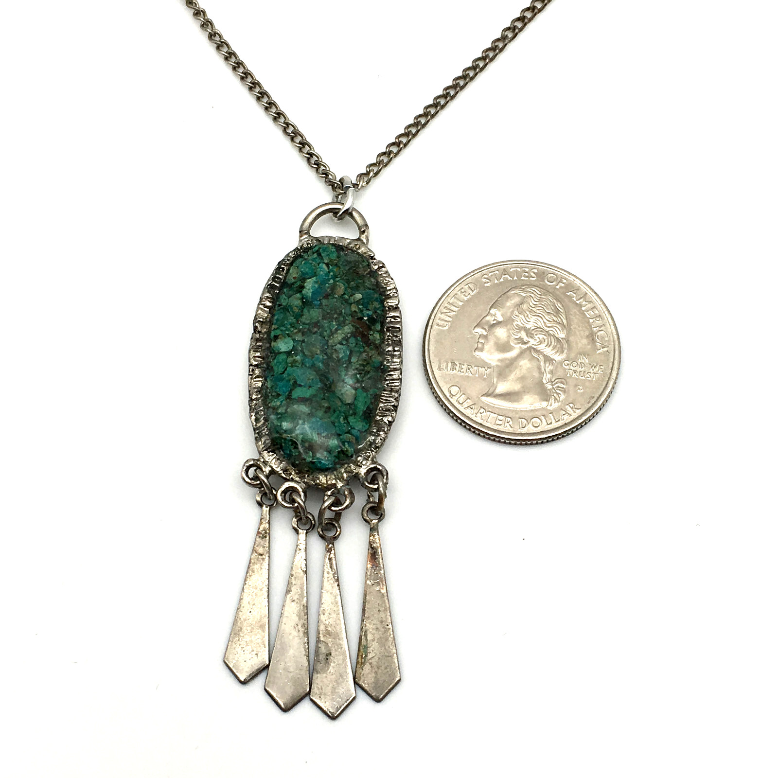 Handmade Nickle Silver Oval Pendant Turquoise Chips Dangling 18″ Chain Necklace