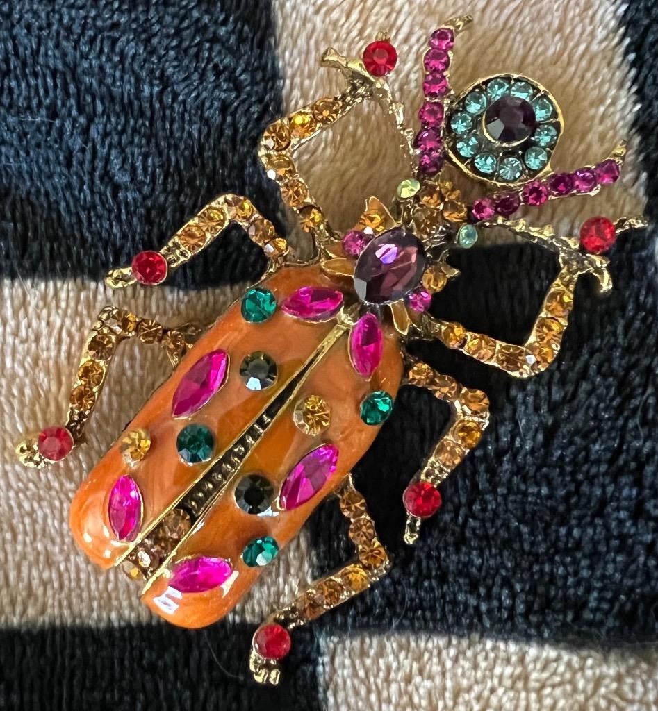 Scarab Beetle Pin LARGE Orange Enamel Rhinestone Victorian Egyptian Rev Vtg
