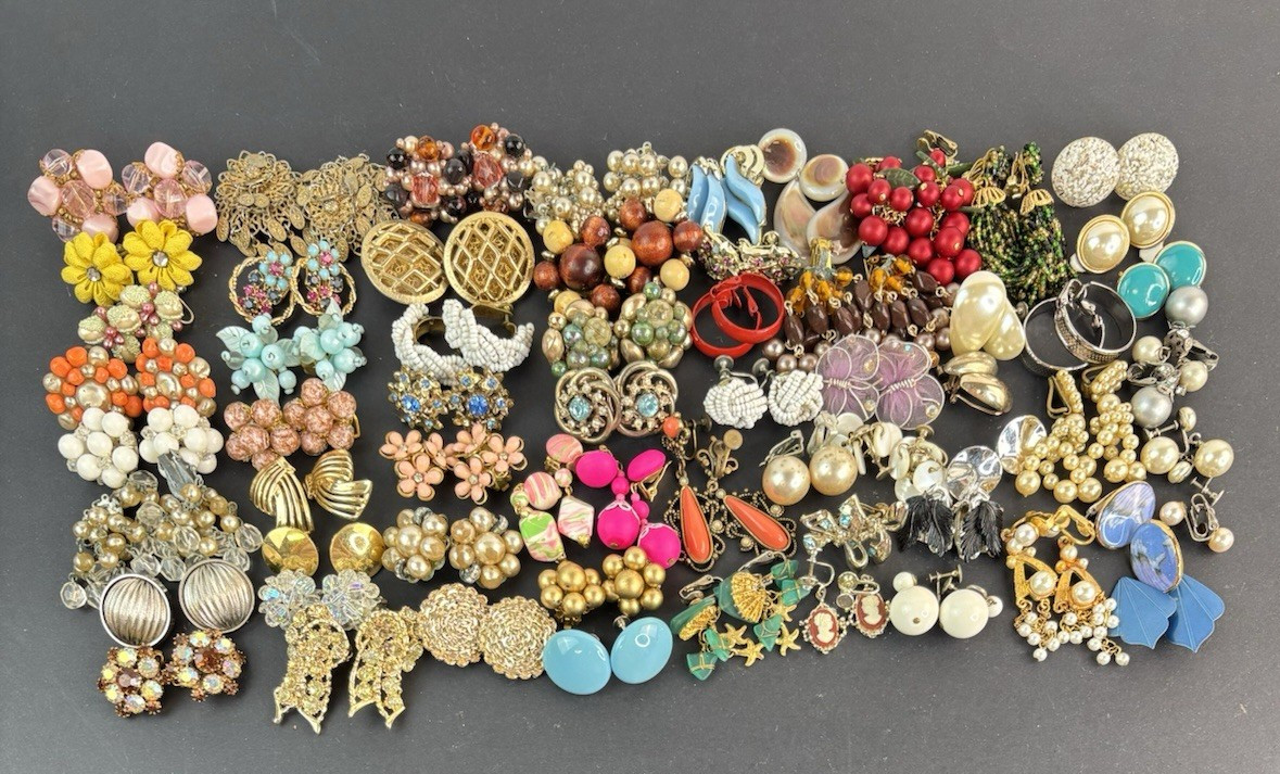 Lot of 62 Clip-on Screw Back Earrings Vintage 1940’s-1970’s Mixed Metals Cluster