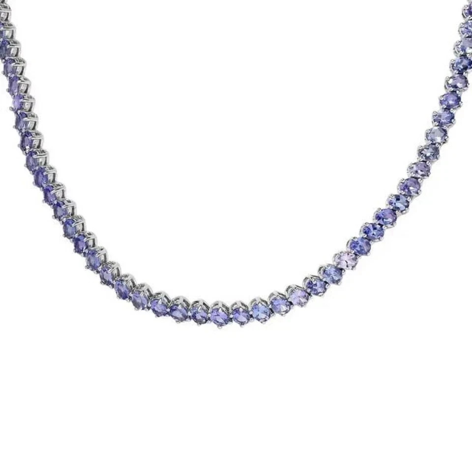 20TCW Round Cut Lab Created Tanzanite Tennis Necklace 14k White Gold Plated