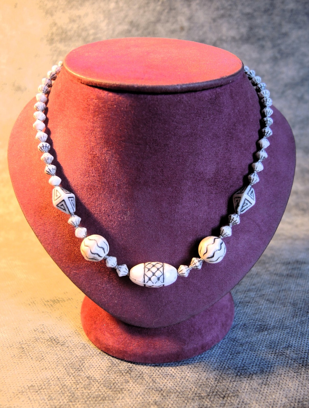 Rare Antique Czech Bohemian Molded Cream Glass Beads Necklace, Knotted