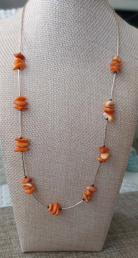New Sterling Liquid Silver & Orange Spiny Oyster Necklace