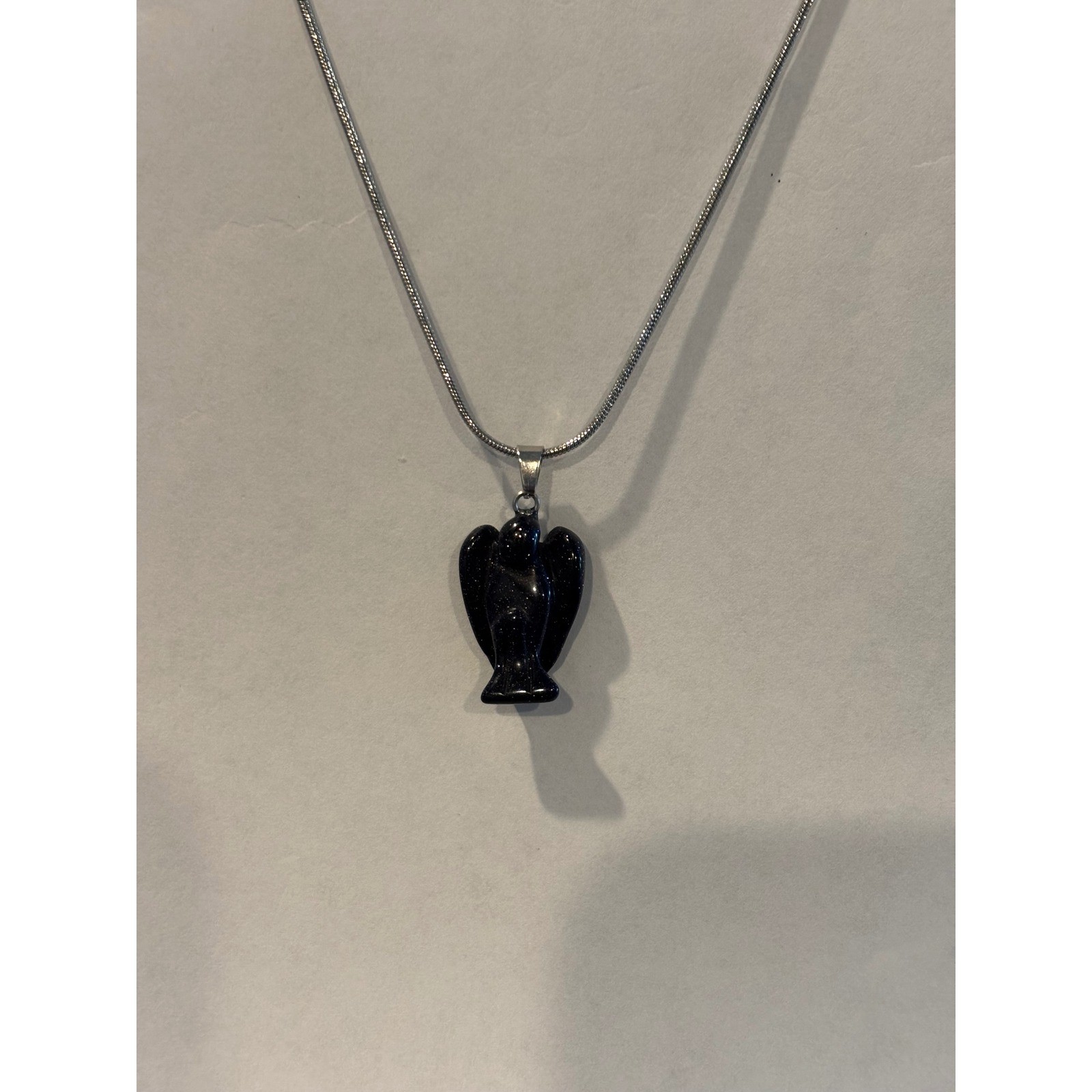 Blue Goldstone Angel Pendant Necklace Silver Tone Snake Chain Celestial Jewelry