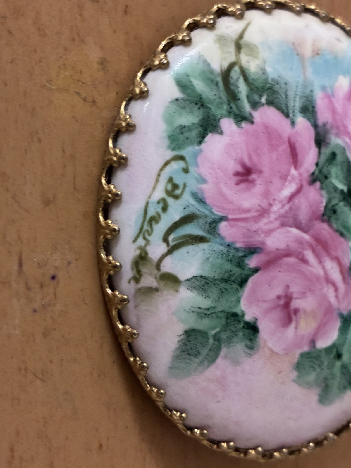 Lovely Antique Hand Painted Rose Pin Porcelain 2″ signed vintage
