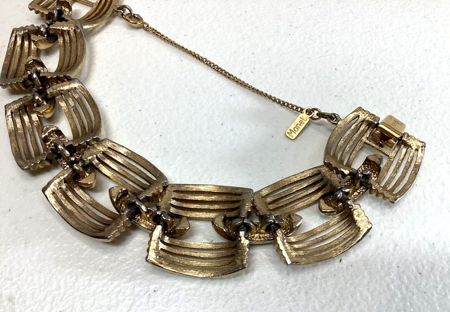 Monet Vintage Bracelet Gold-Tone Links Signed with Hangtag and Safety Chain 7 in