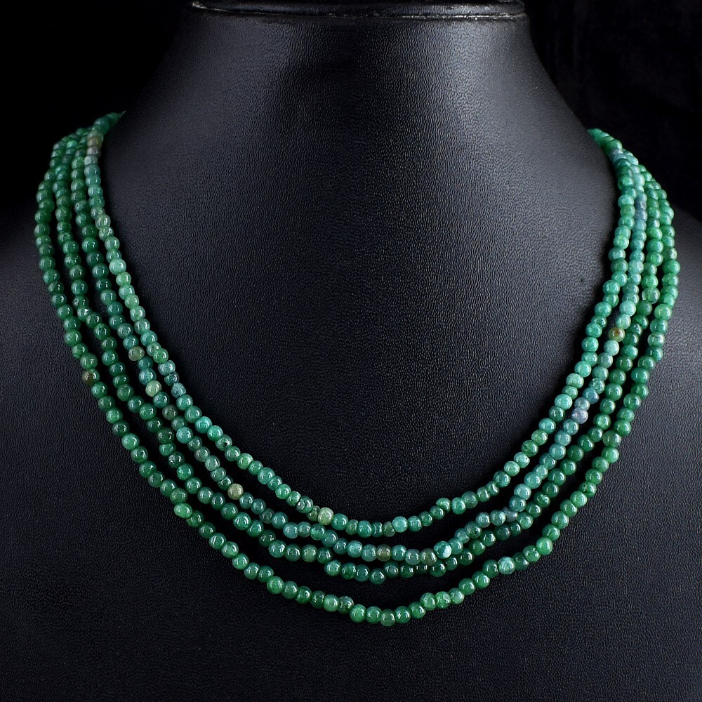 4 Strand Round Shape Green Emerald 218.00 Cts Necklace Beads Jewelery VK 35 E678