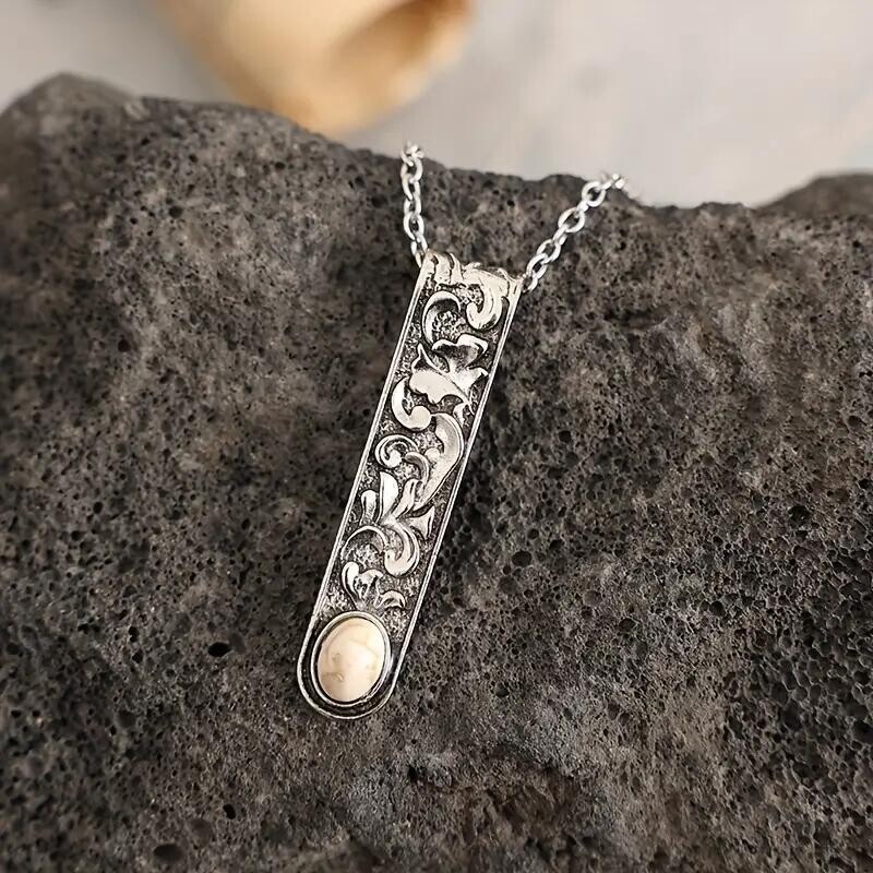 Vintage Simple Long Bar Carved Pendant Necklace Women Silver Plated Zinc Alloy