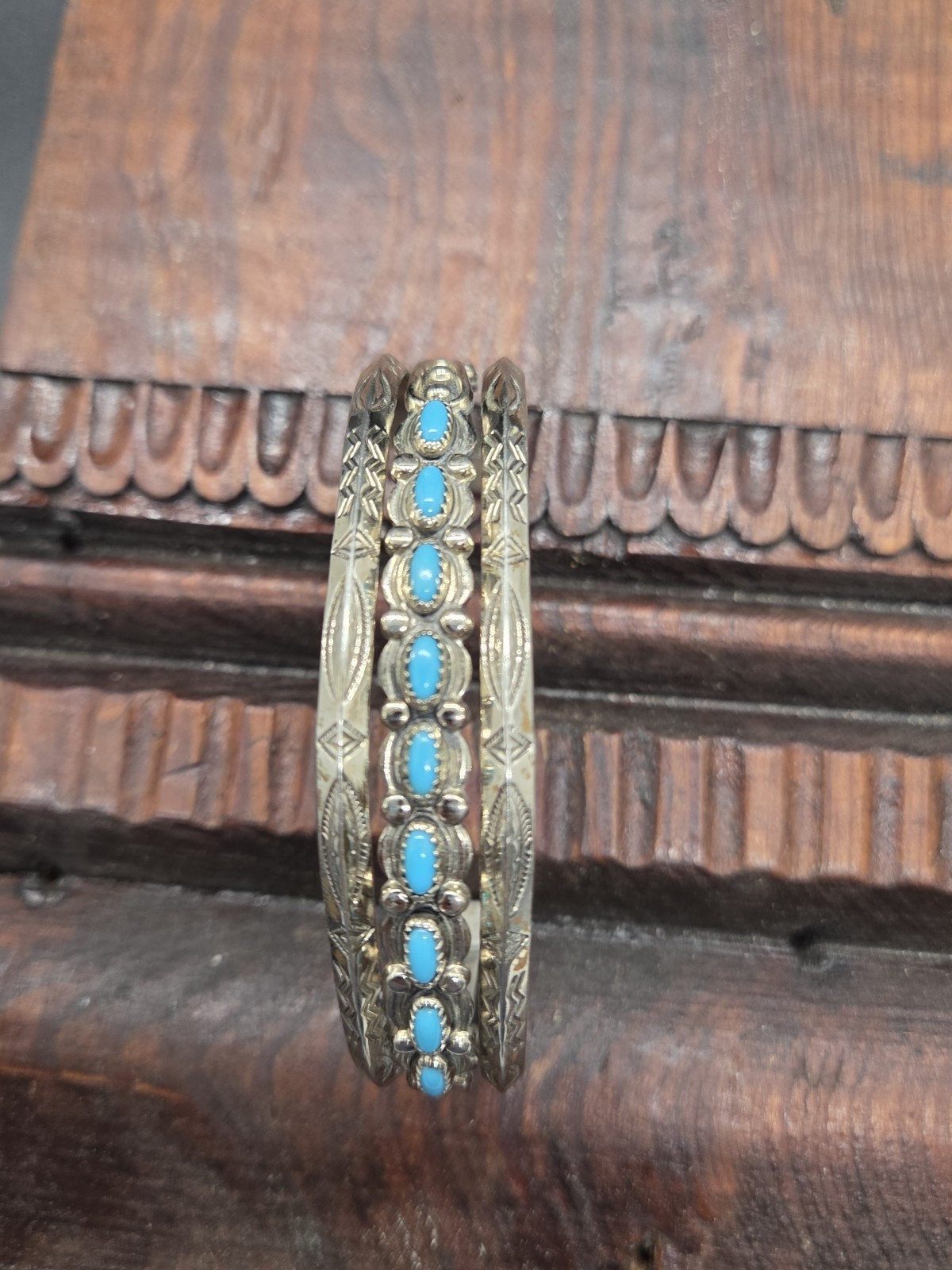 Vtg NICKLE SILVER BELL TRADING POST Southwest Navajo TURQUOISE Cuff Bracelet