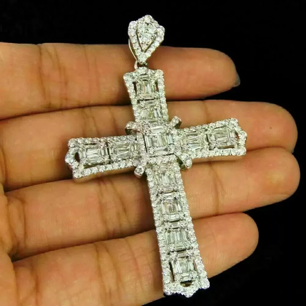 4.00Ct Baguette Cut Diamond Large Cross Pendant for Man’s 14k White Gold Finish