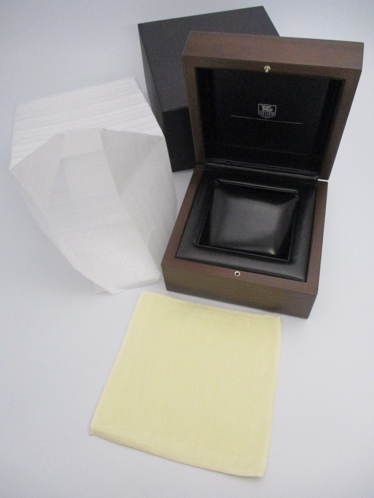 TAG Heuer Deluxe Brown Wood-Grain Watch Box Chest Set Black Inner +Cloth+Booklet