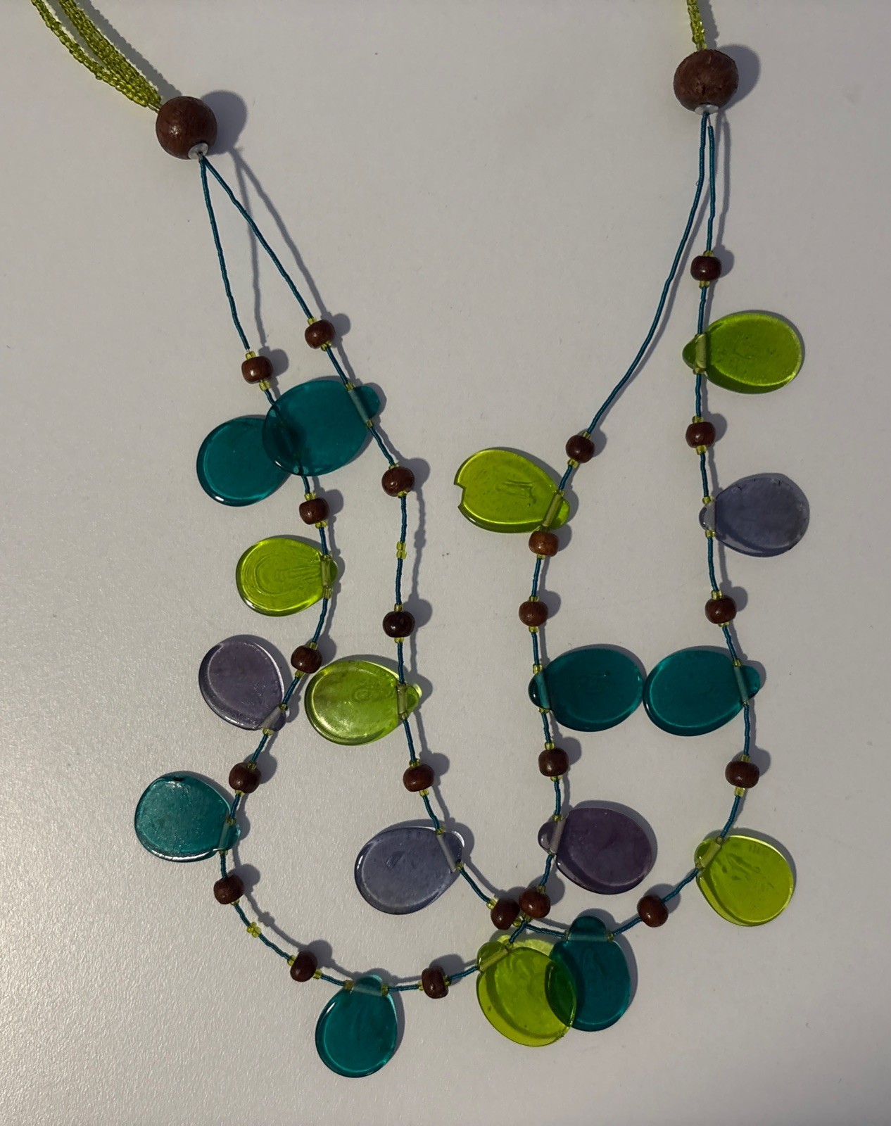 Vintage Glass Beaded Multi Strand Green Blue Purple & Brown Wood Necklace 28″