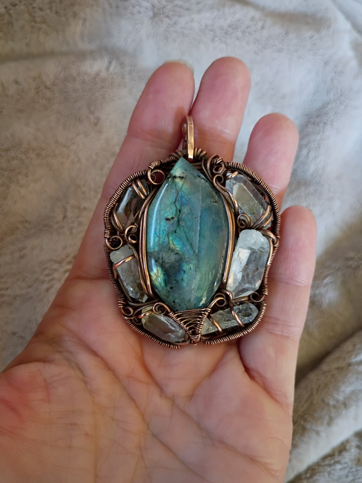 Labradorite Surrounded In Quartz Crystals Wirewrap Pendant Copper Statement