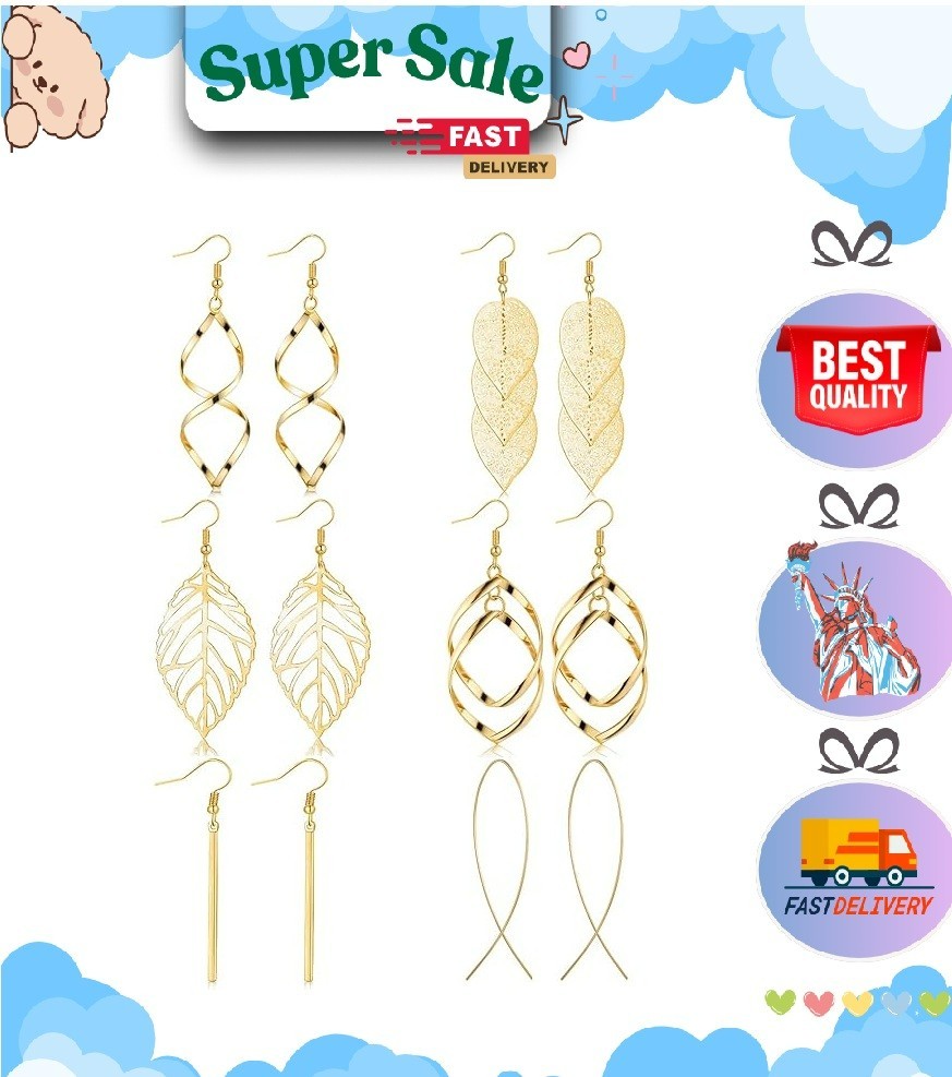 FUNEIA 6 Pairs Drop Dangle Earrings for Women Long Bar Double Twist Wave Curved