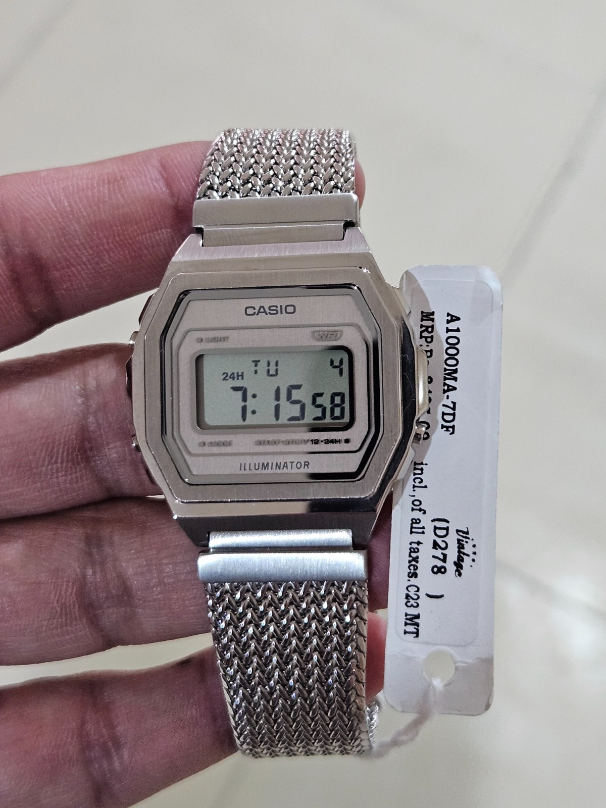 Casio A1000MA-7DF Vintage Digital Watch Stainless Steel Mesh Bracelet Illuminato
