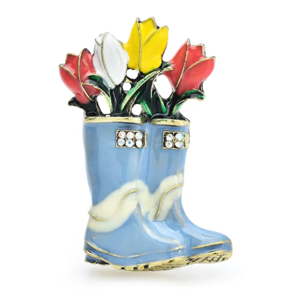 Crystal Flower Rain Boots Brooch Pin – Rhinestone Spring Summer Jewelry Gift