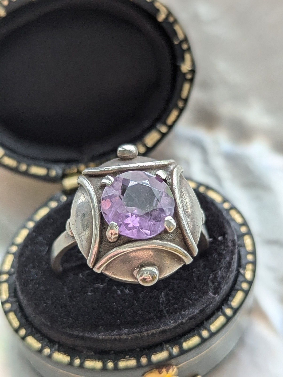 Vintage Amethyst & 835 Silver Ring-Unusual Setting-Lavender Gemstone