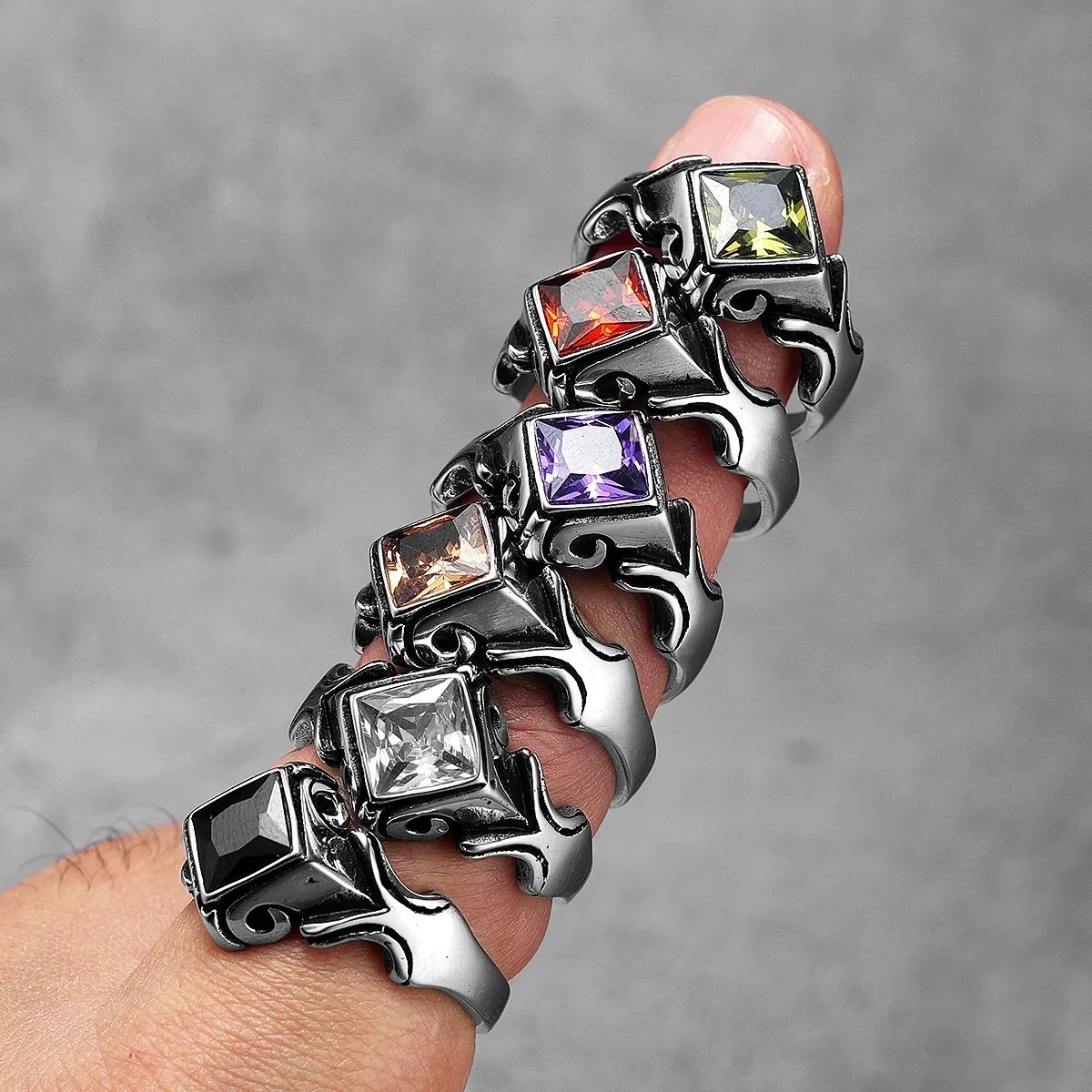 Multi Color Gemstone Unique Stainless Steel Men Rings Punk New In For Male Women