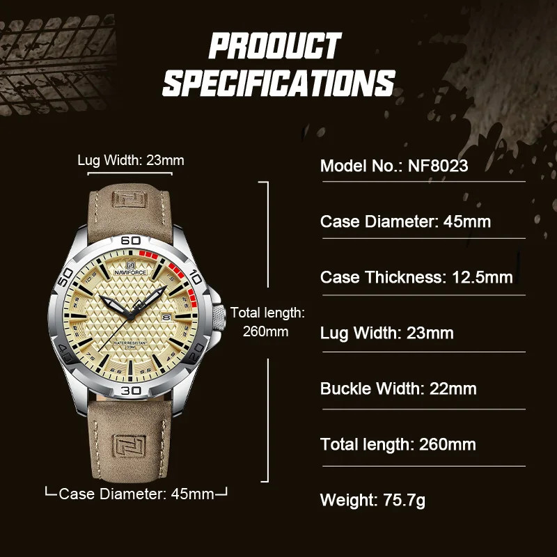 NAVIFORCE NF8023 Men Quartz Watch Leather Band Date Business Casual Wristwatch