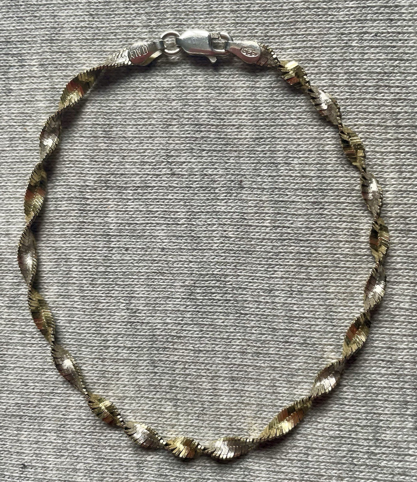 3 Grams 925 Sterling Silver&Gold 2 Tone Bracelet 7.5” Twisted Herringbone ITALY