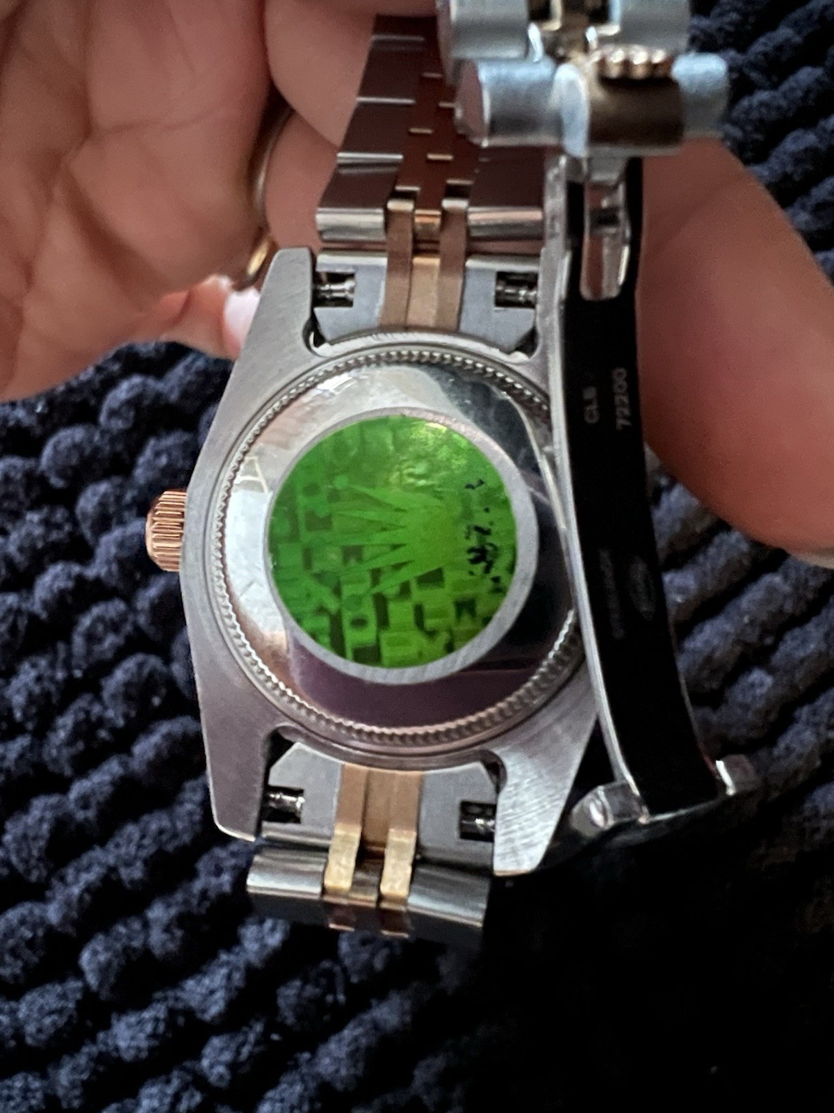 This watch is a 28 mm Rolex Lady-Datejust, model 279381RBR with diamonds