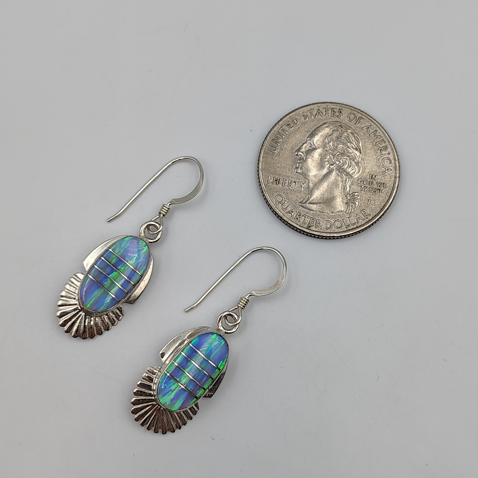 Roger Skeet Navajo Sterling Silver 925 Lab Opal Inlay Dangle Earrings