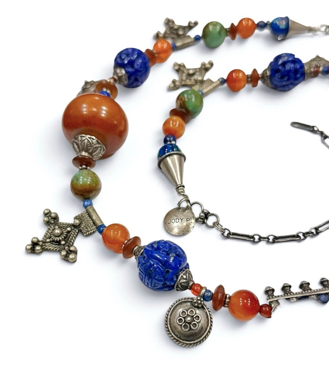 Jody P Artisan Tribal Fusion Ethnic Statement Necklace with Mixed Stone Beads