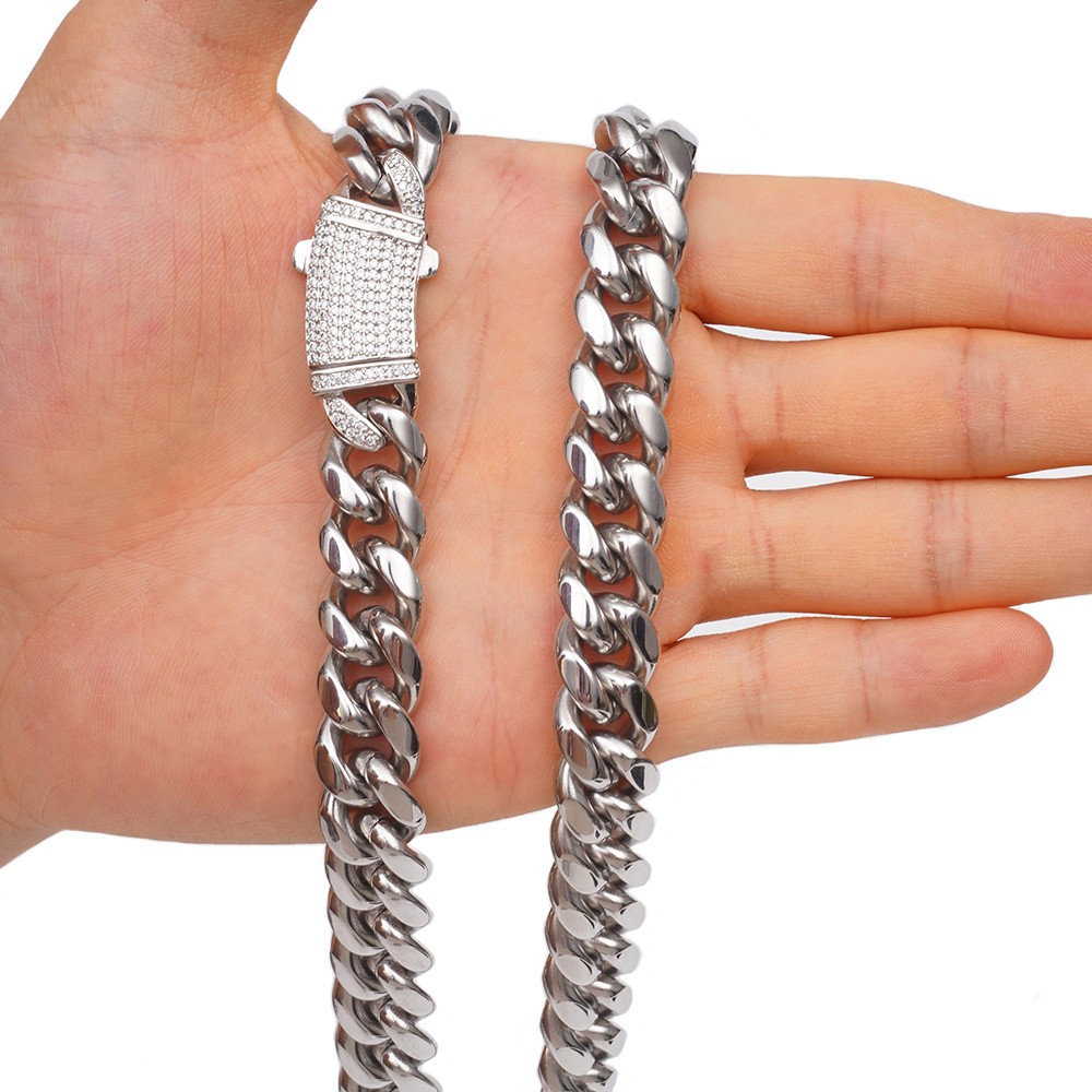 8/10/12/14mm Women Men’s Stainless Steel Cuban Link Chain Necklace Bling Lock