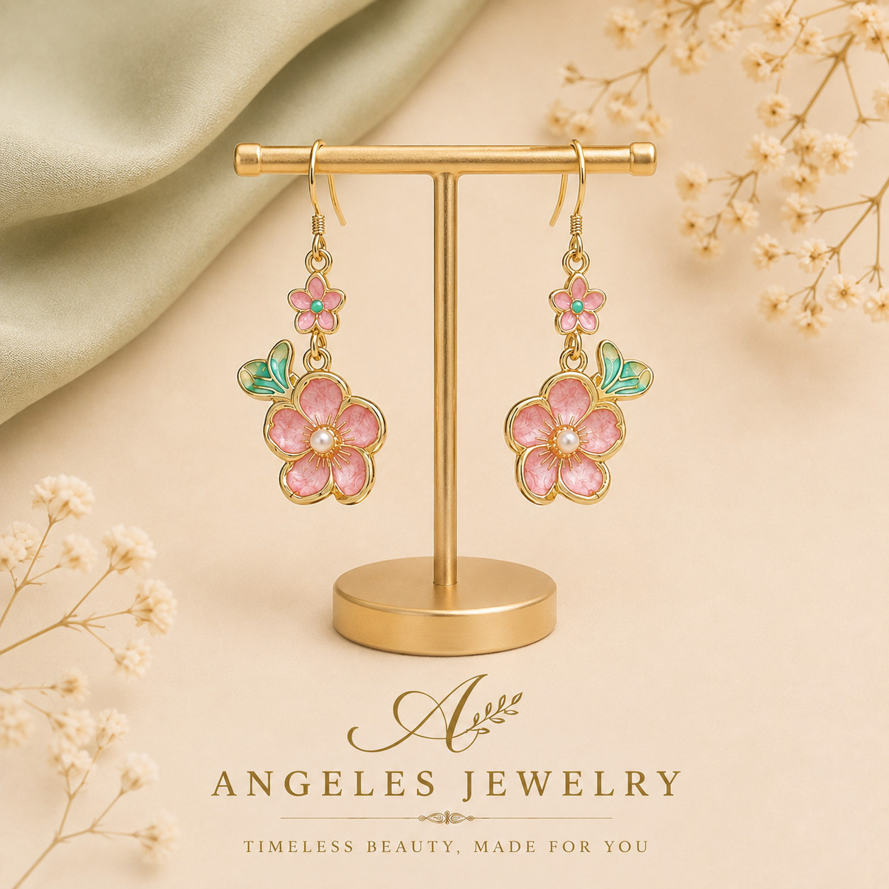 Pearl Enamel Dangle Earrings Boho Pink Flower Dainty Gemstone 18K Gold Plated